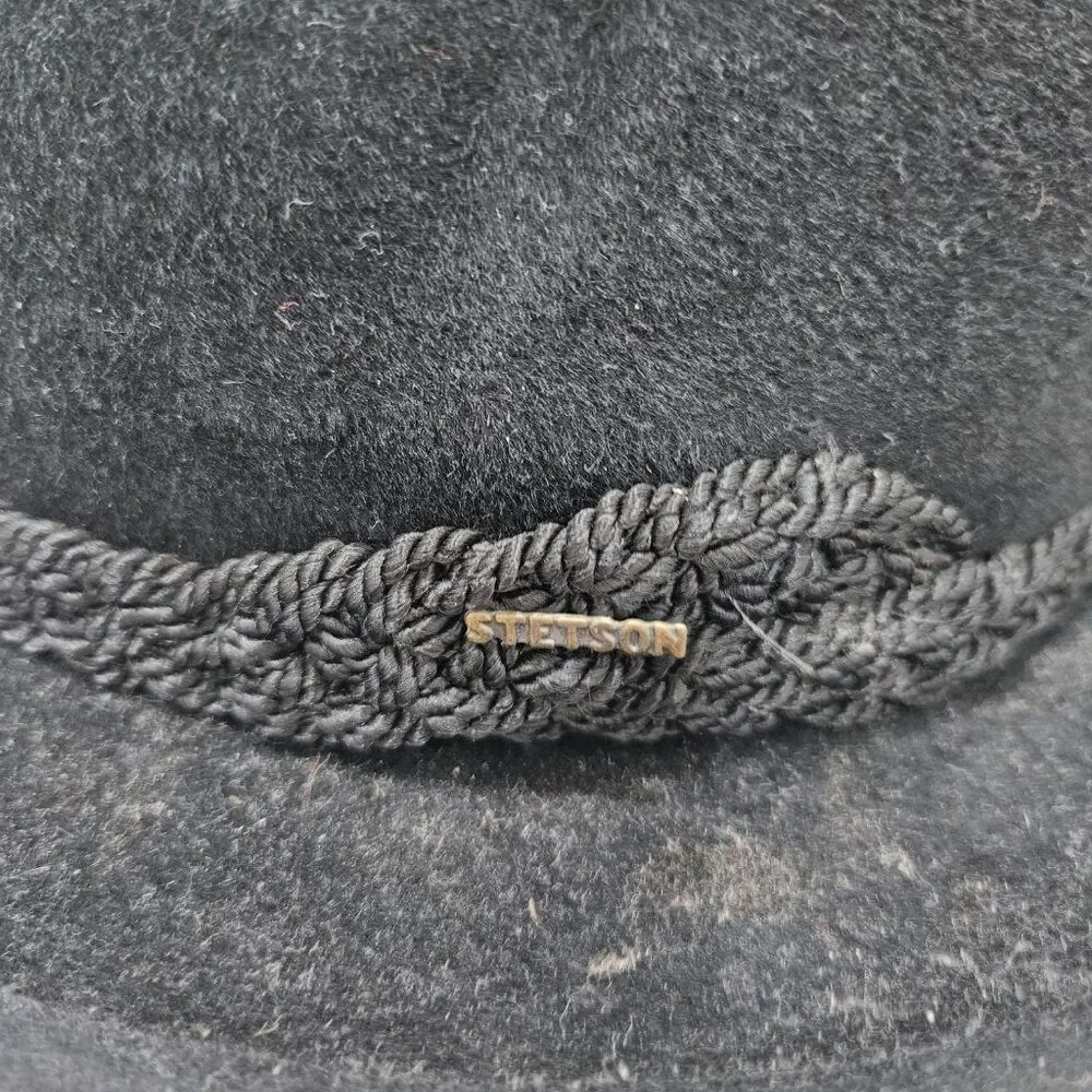 Stetson Sovereign Black Fur Felt Fedora Hat Braided Band Size 7 3/8 59cm